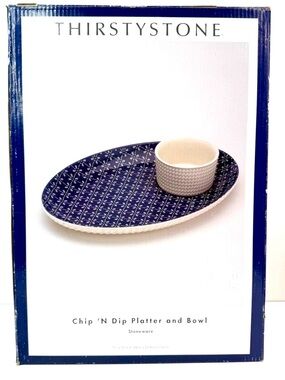 Thirstystone Blue White Textile Chip N Dip Platter Bowl Set NWT